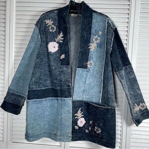 LA BLEND‎ Oversized Patchwork Denim Kimono Jacket – Boho Floral Embroidered M